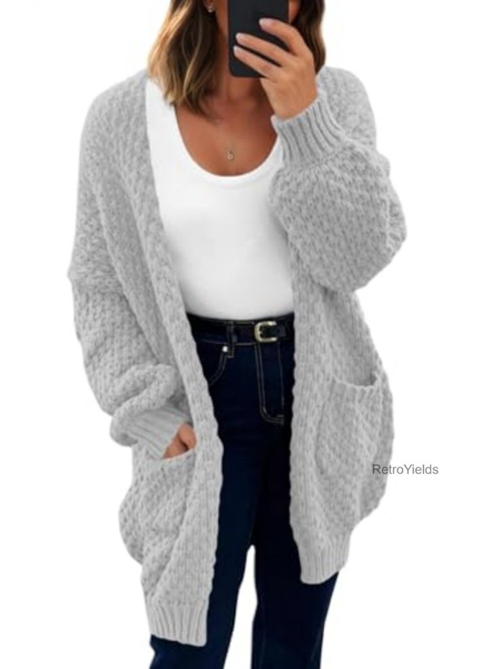 Oversized Open Front Waffle Knit Cardigan Lantern Sleeve Slouchy Fit
